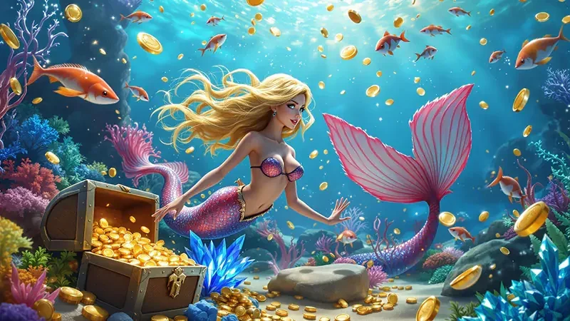 Layar permainan tembak ikan dengan meriam dan ikan bergerak